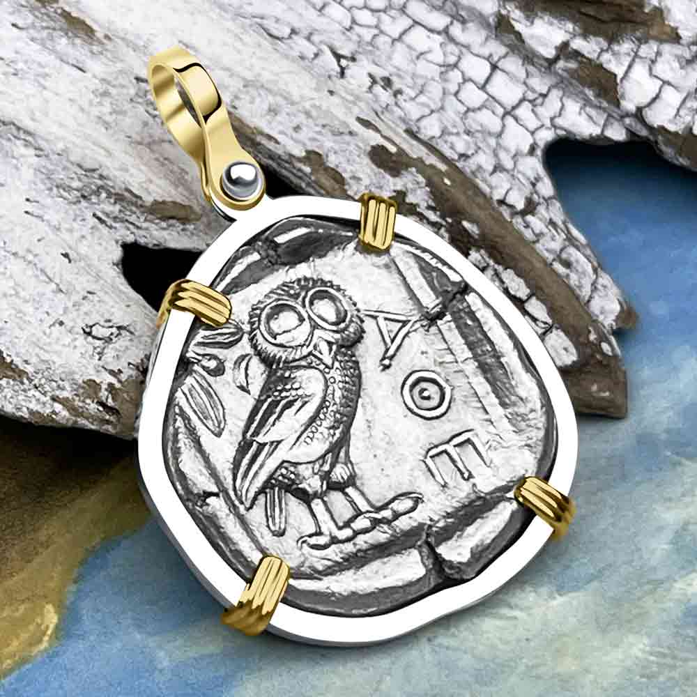 Ancient Greek Athena and the Owl Silver Tetradrachm circa 450 BC 14K Gold and Sterling Silver Pendant