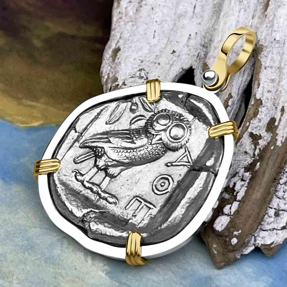 Ancient Greek Athena and the Owl Silver Tetradrachm circa 450 BC 14K Gold and Sterling Silver Pendant