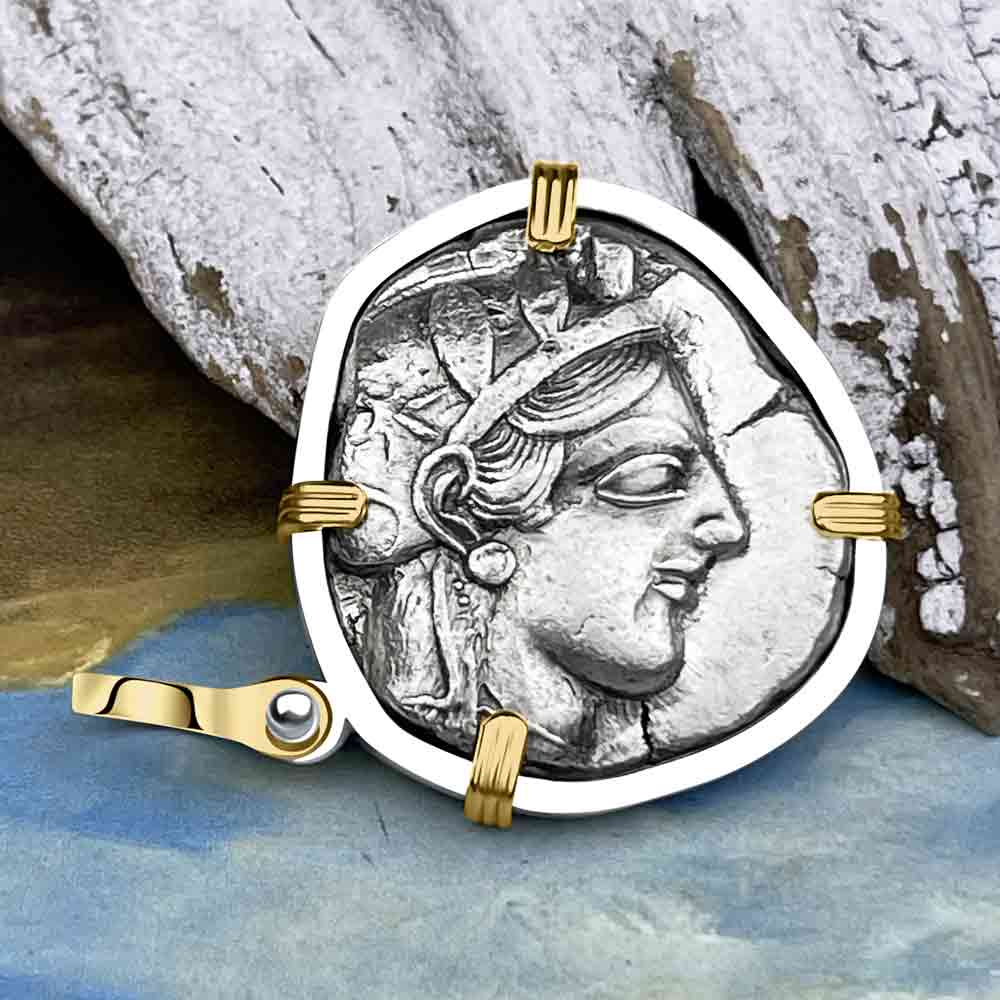 Ancient Greek Athena and the Owl Silver Tetradrachm circa 450 BC 14K Gold and Sterling Silver Pendant