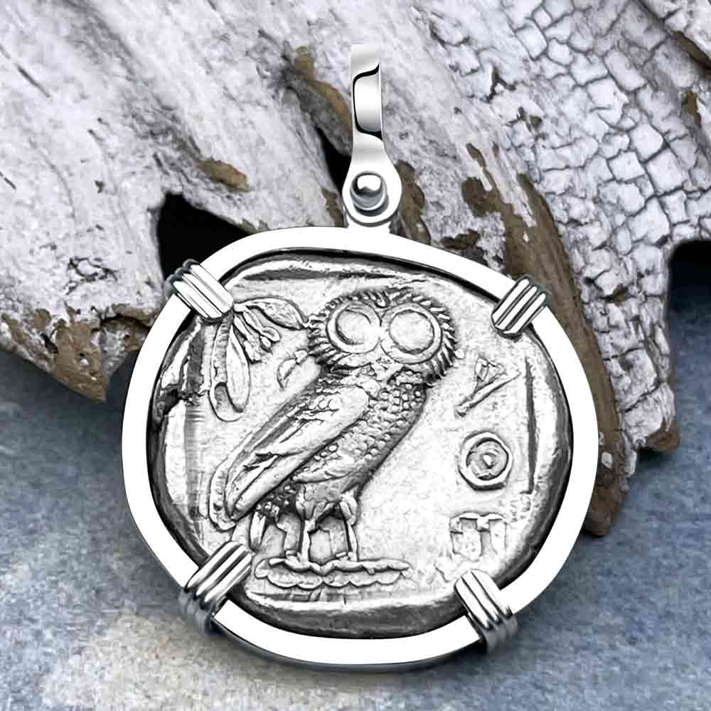 Ancient Greek Athena and the Owl Silver Tetradrachm circa 450 BC 14K White Gold Pendant - RARE ZERO DIE AXIS