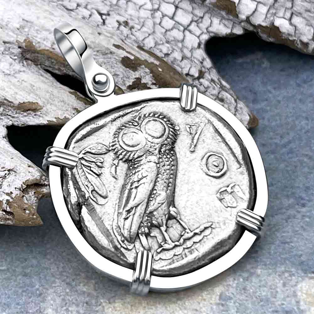 Ancient Greek Athena and the Owl Silver Tetradrachm circa 450 BC 14K White Gold Pendant - RARE ZERO DIE AXIS