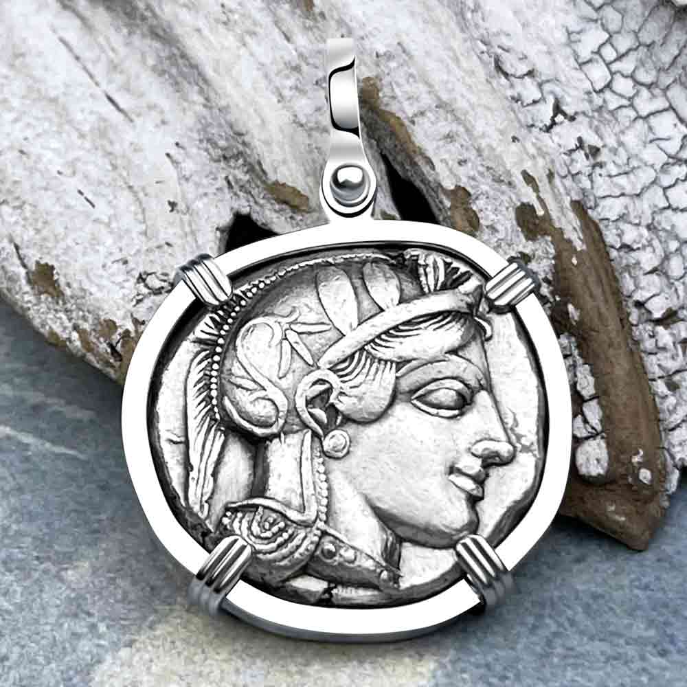 Ancient Greek Athena and the Owl Silver Tetradrachm circa 450 BC 14K White Gold Pendant - RARE ZERO DIE AXIS