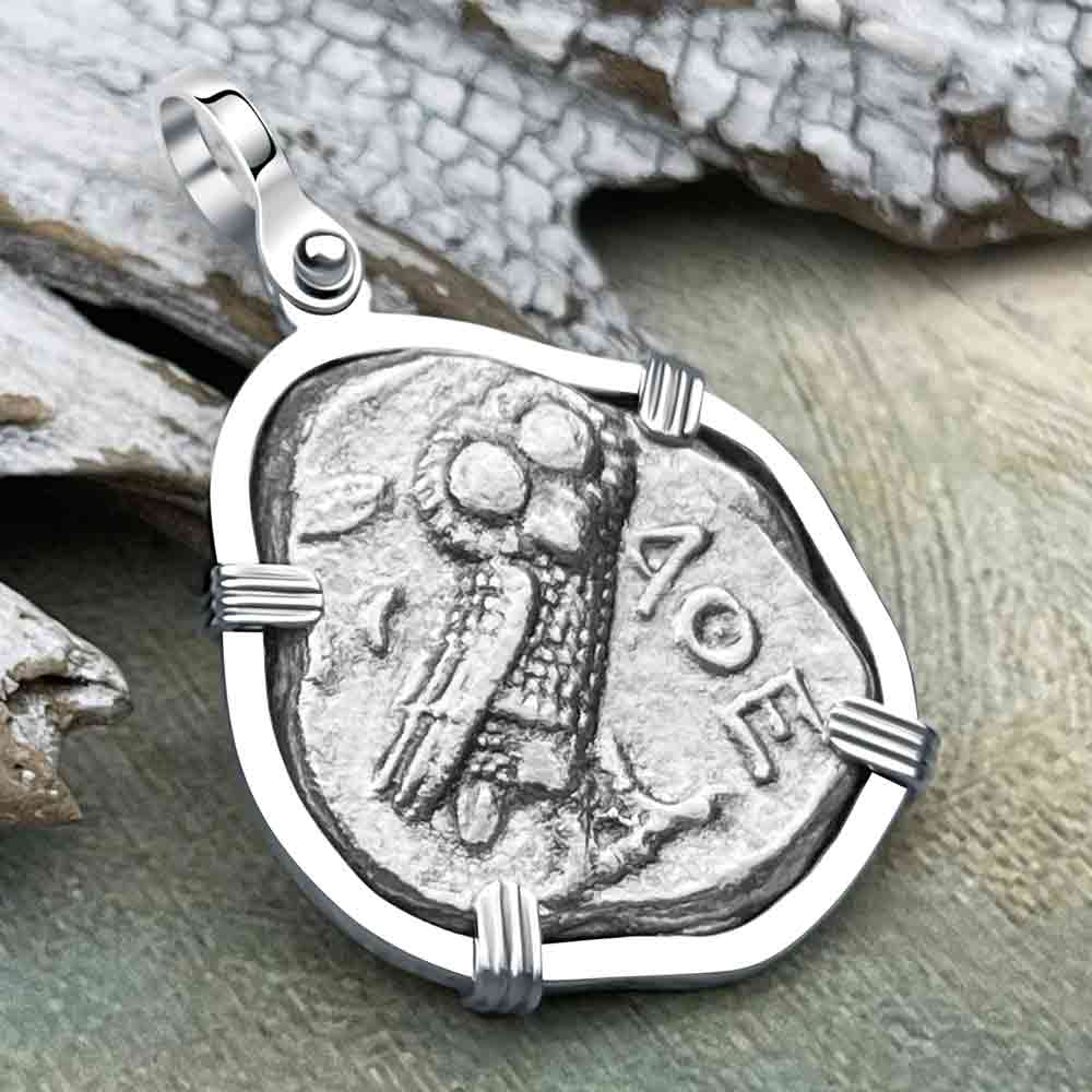 Ancient Greek Athena and the Owl Silver Tetradrachm circa 350 BC Sterling Pendant