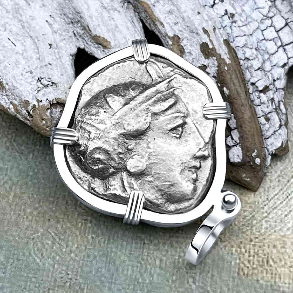 Ancient Greek Athena and the Owl Silver Tetradrachm circa 350 BC Sterling Pendant