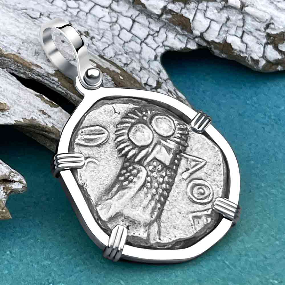 Ancient Greek Athena and the Owl Silver Tetradrachm circa 350 BC Sterling Pendant