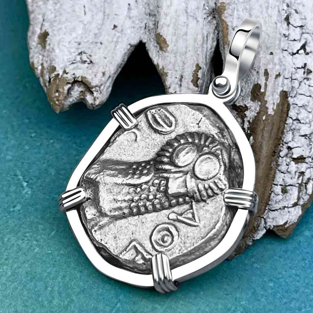 Ancient Greek Athena and the Owl Silver Tetradrachm circa 350 BC Sterling Pendant