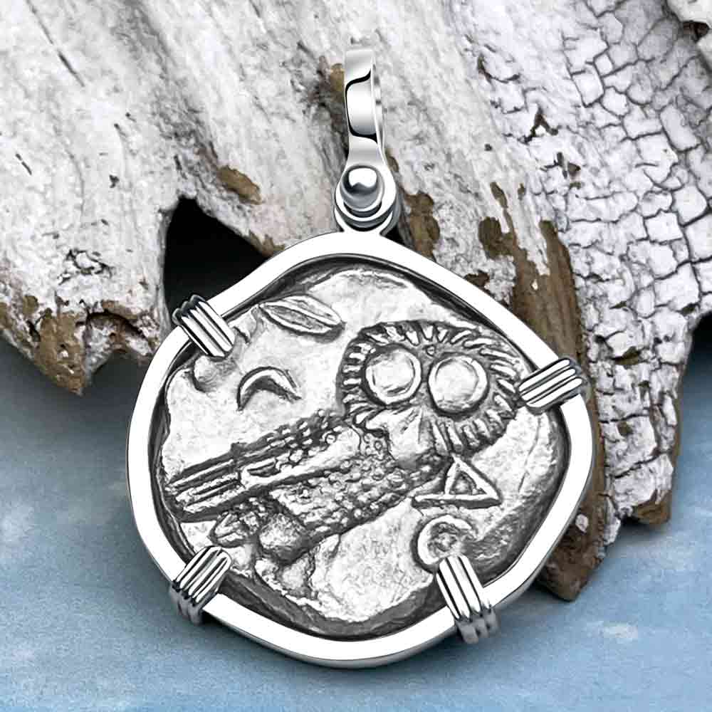 Ancient Greek Athena and the Owl Silver Tetradrachm circa 350 BC Sterling Pendant