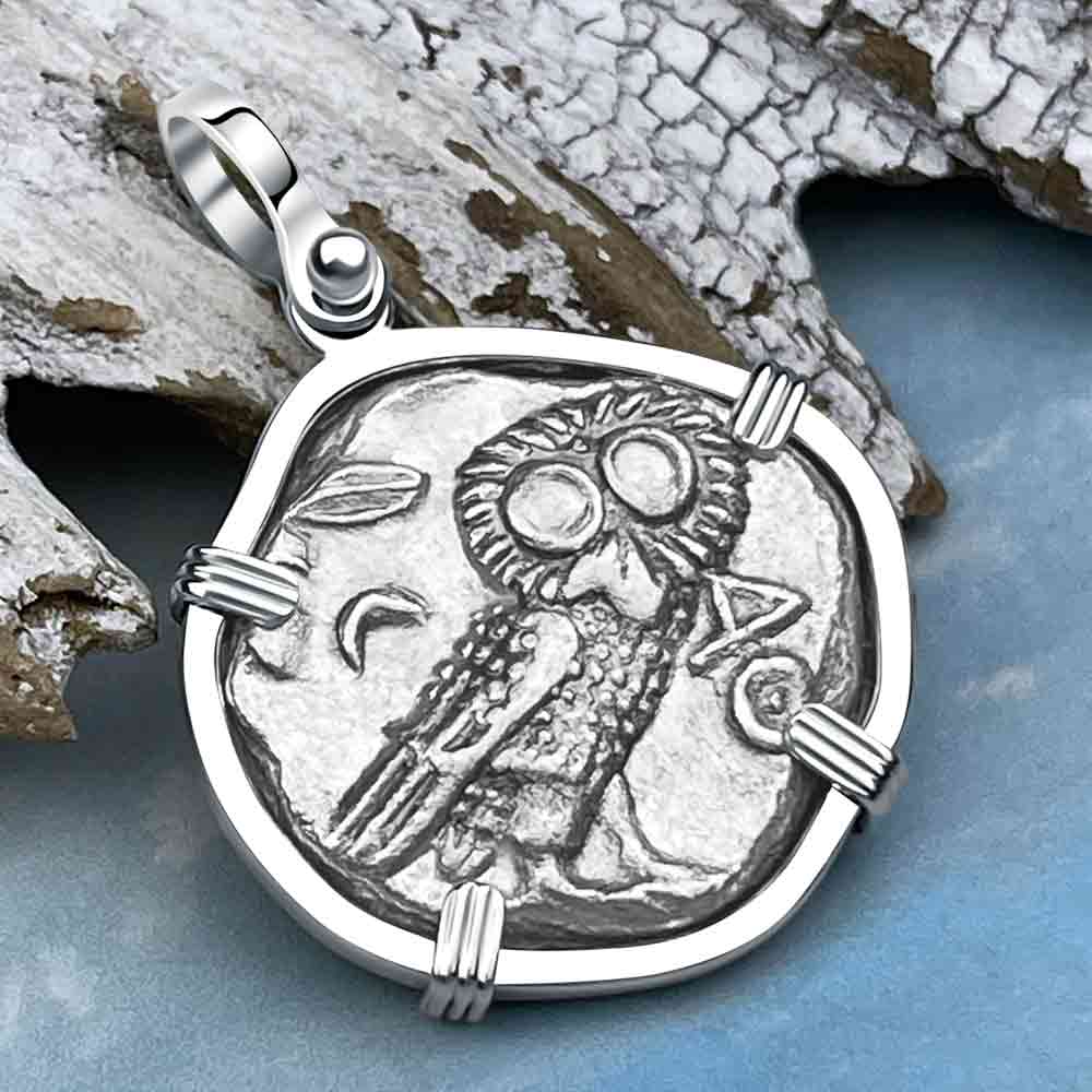 Ancient Greek Athena and the Owl Silver Tetradrachm circa 350 BC Sterling Pendant