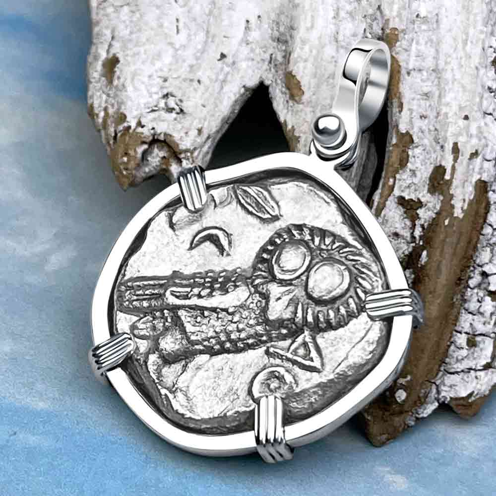 Ancient Greek Athena and the Owl Silver Tetradrachm circa 350 BC Sterling Pendant