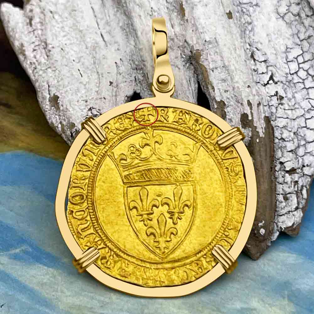 Medieval France Royal 22K Gold Ecu d&#39;or Cross Coin of Charles VI circa 1380 in an 18K Gold Pendant