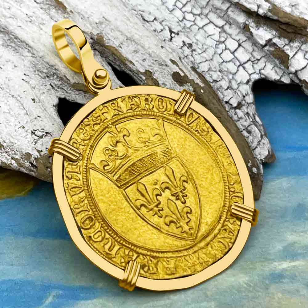 Medieval France Royal 22K Gold Ecu d&#39;or Cross Coin of Charles VI circa 1380 in an 18K Gold Pendant