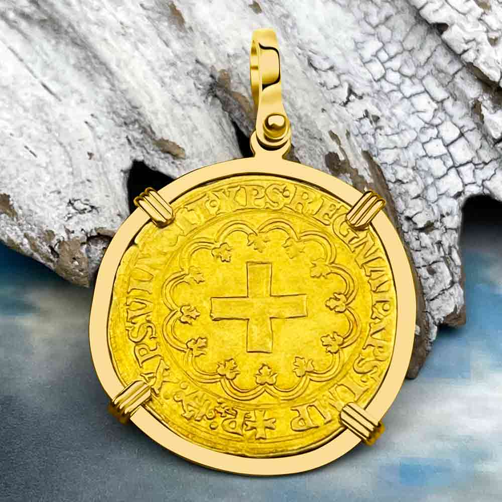 Medieval France Royal 22K Gold Extremely Rare Ecu d&#39;or a la Croisette Cross Coin Francis I circa 1519 in an 18K Gold Pendant | Artifact #8778