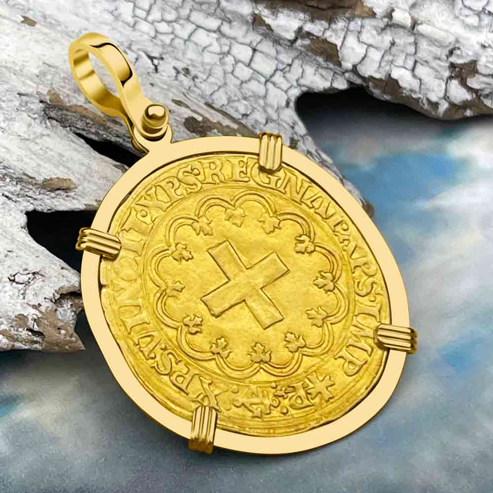 Medieval France Royal 22K Gold Extremely Rare Ecu d&#39;or a la Croisette Cross Coin Francis I circa 1519 in an 18K Gold Pendant | Artifact #8778