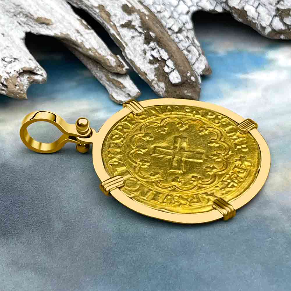 Medieval France Royal 22K Gold Extremely Rare Ecu d&#39;or a la Croisette Cross Coin Francis I circa 1519 in an 18K Gold Pendant | Artifact #8778