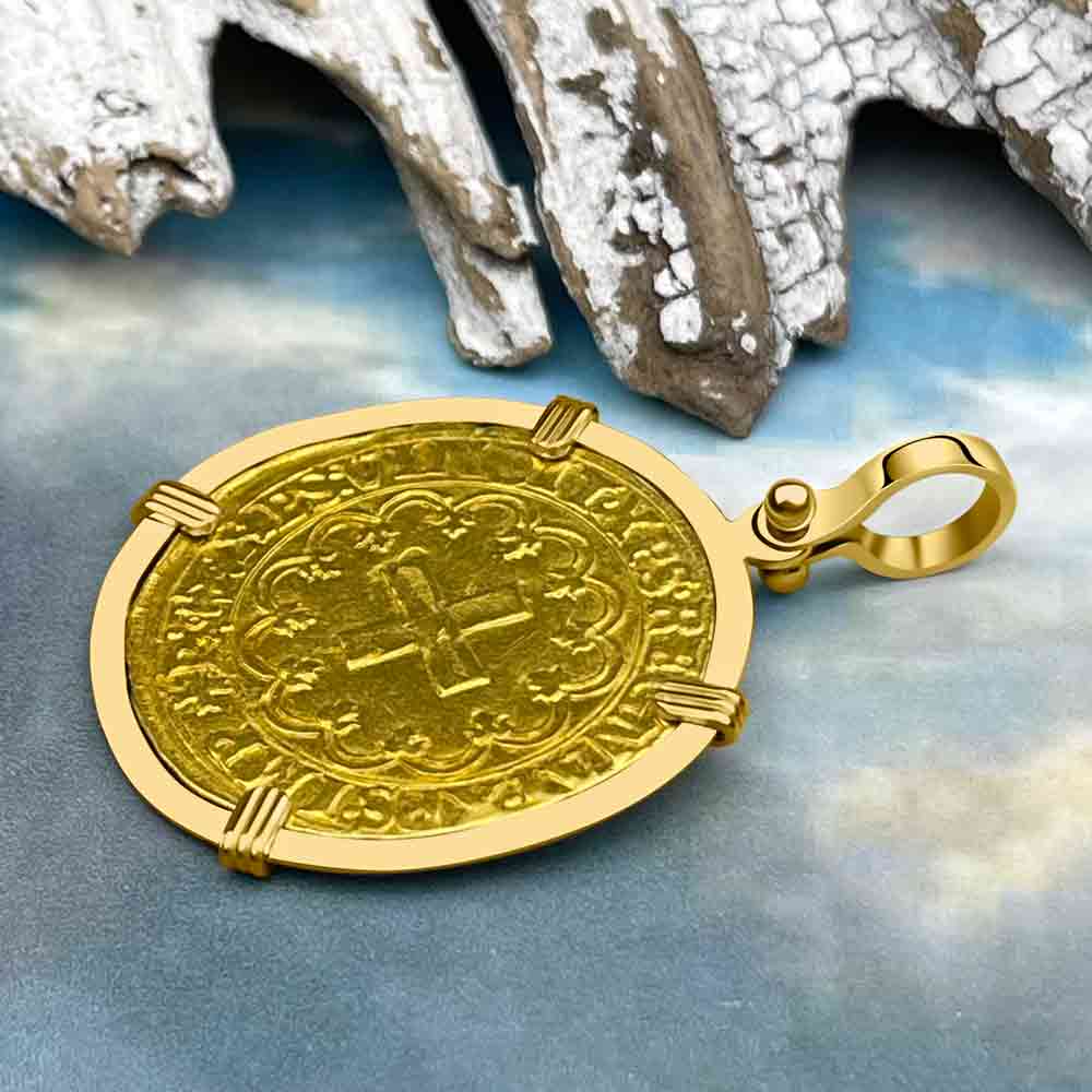 Medieval France Royal 22K Gold Extremely Rare Ecu d&#39;or a la Croisette Cross Coin Francis I circa 1519 in an 18K Gold Pendant | Artifact #8778