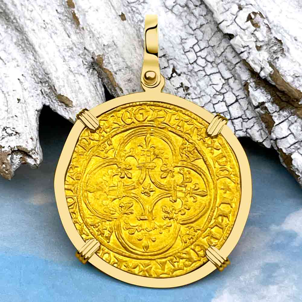 Medieval France Royal 22K Gold Ecu d'or Cross Coin of Charles VI circa 1380 in an 18K Gold Pendant