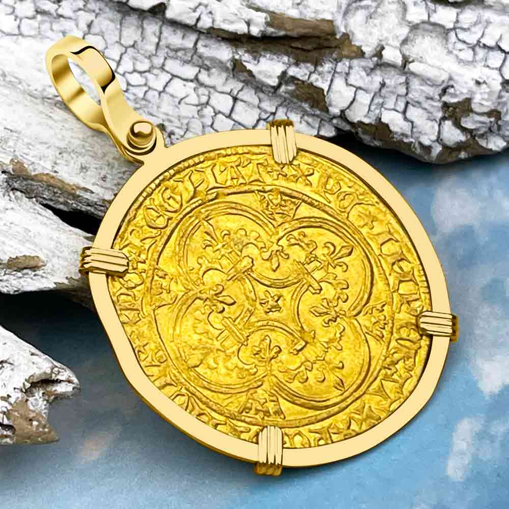 Medieval France Royal 22K Gold Ecu d&#39;or Cross Coin of Charles VI circa 1380 in an 18K Gold Pendant