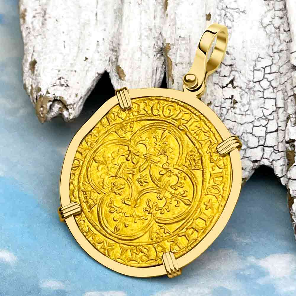 Medieval France Royal 22K Gold Ecu d&#39;or Cross Coin of Charles VI circa 1380 in an 18K Gold Pendant