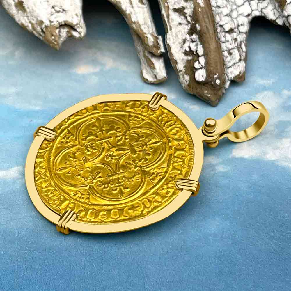 Medieval France Royal 22K Gold Ecu d&#39;or Cross Coin of Charles VI circa 1380 in an 18K Gold Pendant