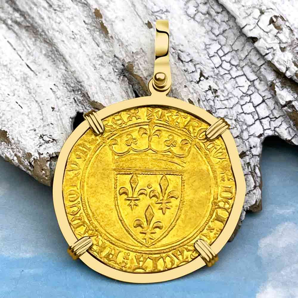 Medieval France Royal 22K Gold Ecu d&#39;or Cross Coin of Charles VI circa 1380 in an 18K Gold Pendant