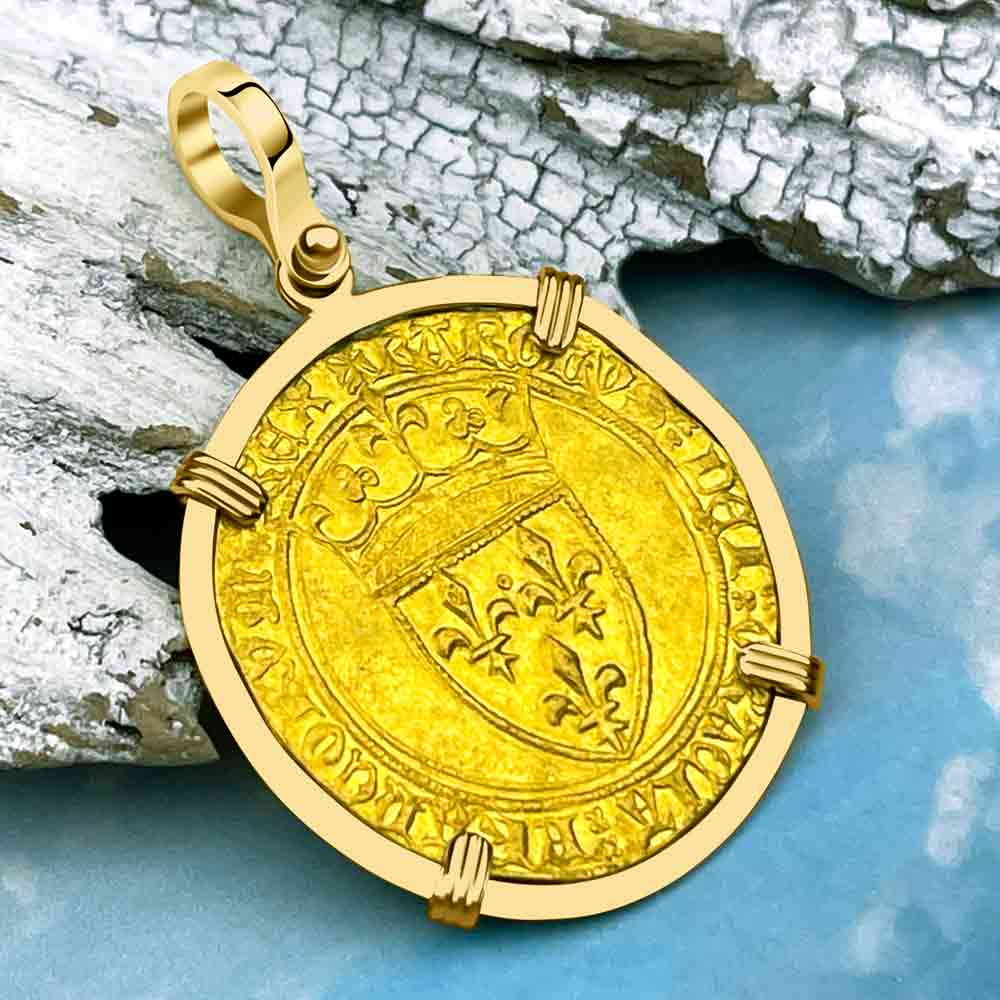 Medieval France Royal 22K Gold Ecu d&#39;or Cross Coin of Charles VI circa 1380 in an 18K Gold Pendant