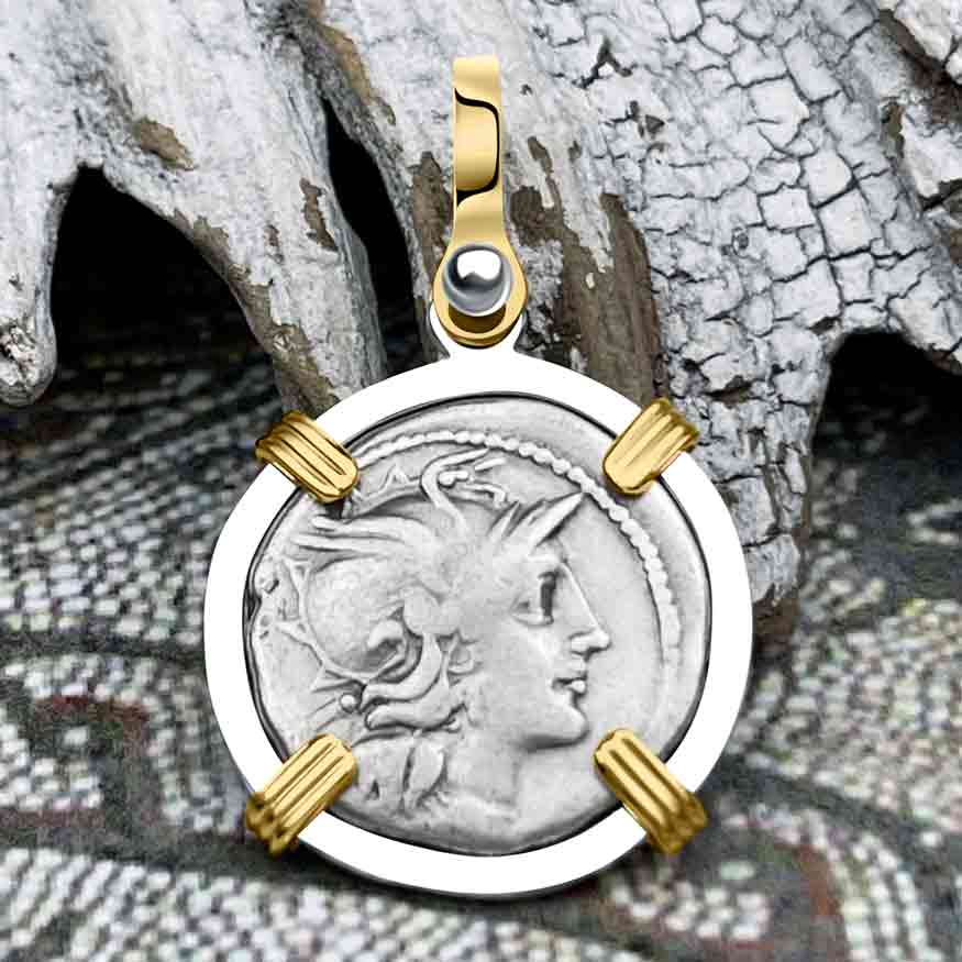 Roman Republic Roma &amp; Victory Denarius 157 BC 14K Gold &amp; Sterling Silver Pendant