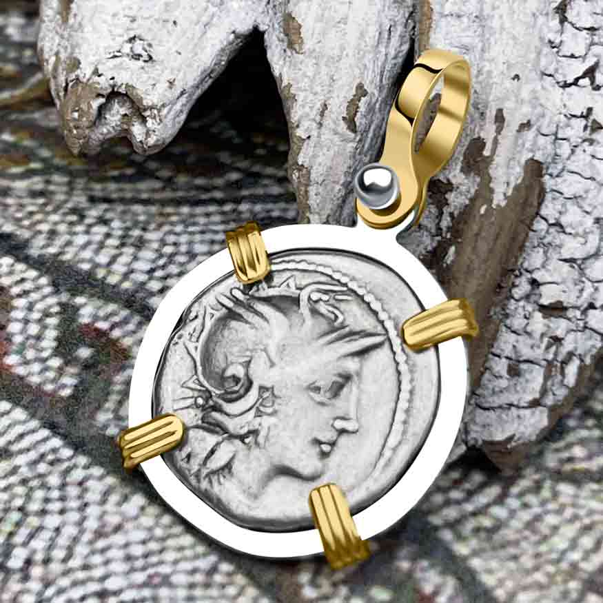 Roman Republic Roma &amp; Victory Denarius 157 BC 14K Gold &amp; Sterling Silver Pendant