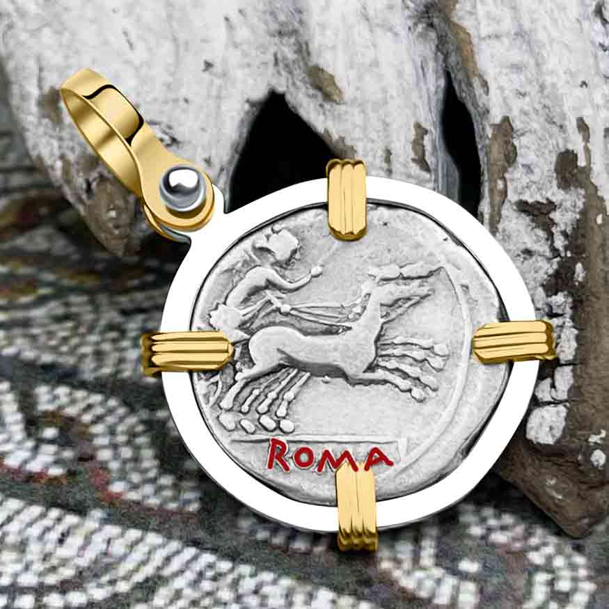 Roman Republic Roma &amp; Victory Denarius 157 BC 14K Gold &amp; Sterling Silver Pendant