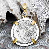 Roman Republic Silver Denarius 104 BC Roma & Saturn 14K Gold & Sterling Silver Pendant