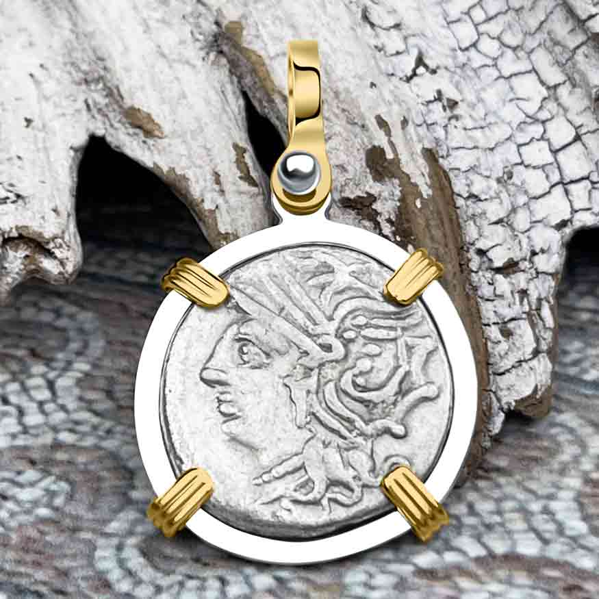 Roman Republic Silver Denarius 104 BC Roma &amp; Saturn 14K Gold &amp; Sterling Silver Pendant