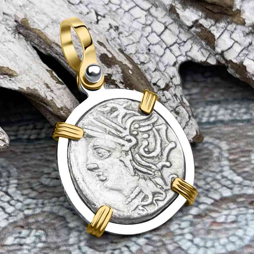 Roman Republic Silver Denarius 104 BC Roma &amp; Saturn 14K Gold &amp; Sterling Silver Pendant