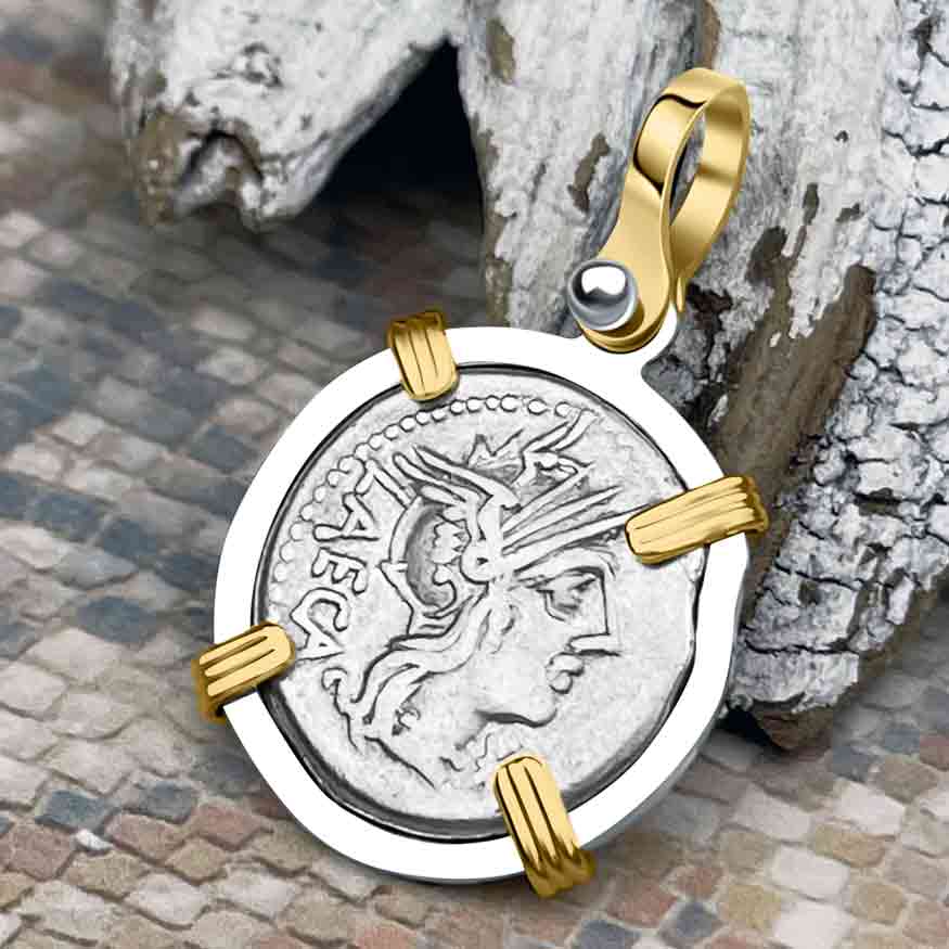 Roman Republic Silver Denarius 125 BC Roma &amp; Libertas 14K Gold and Sterling Silver Pendant