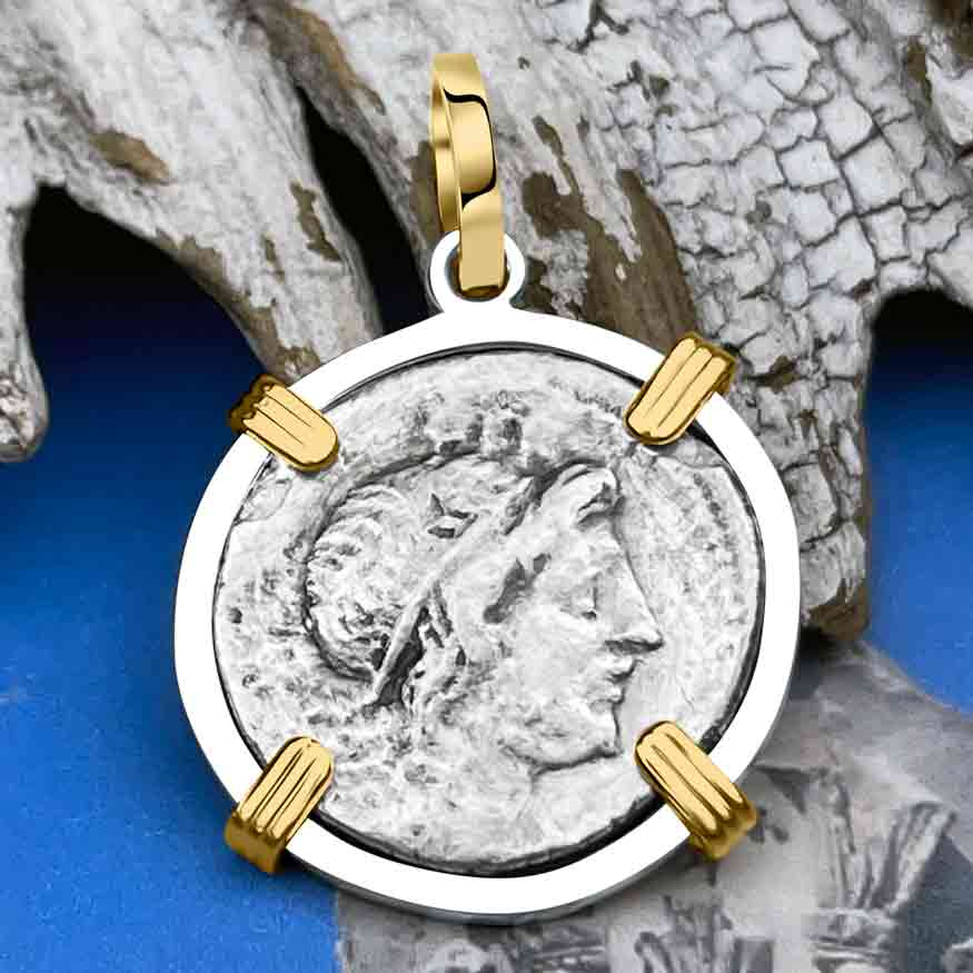 Roman Republic Silver Denarius 75 BC Genius 14K Gold and Sterling Silver Pendant 