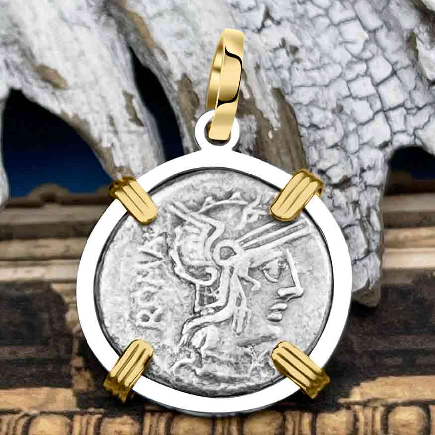 Roman Republic Silver Denarius 127 BC Roma and the Shield 14K Gold and Sterling Silver Pendant 