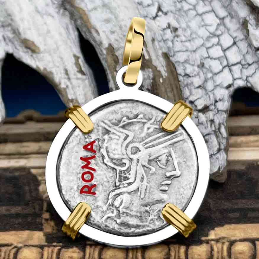 Roman Republic Silver Denarius 127 BC Roma and the Shield 14K Gold and Sterling Silver Pendant 