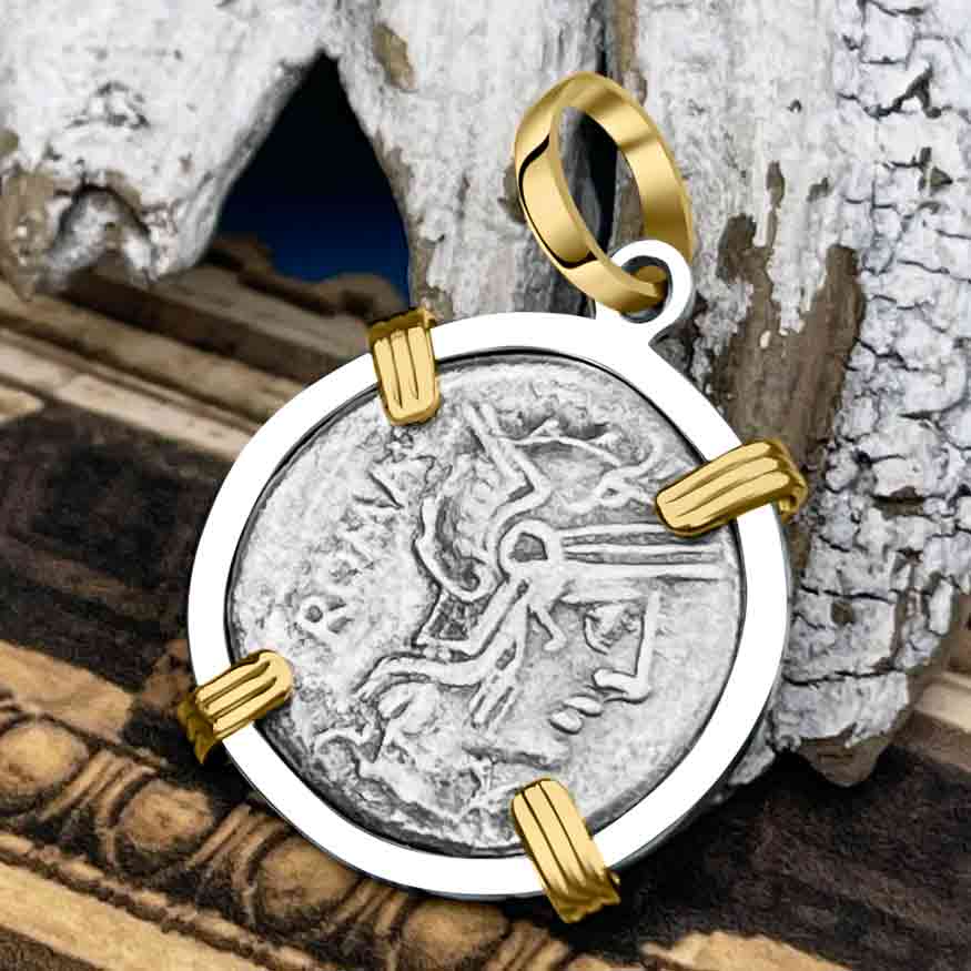 Roman Republic Silver Denarius 127 BC Roma and the Shield 14K Gold and Sterling Silver Pendant 