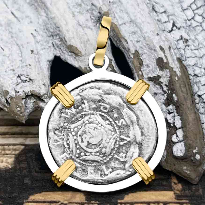 Roman Republic Silver Denarius 127 BC Roma and the Shield 14K Gold and Sterling Silver Pendant 