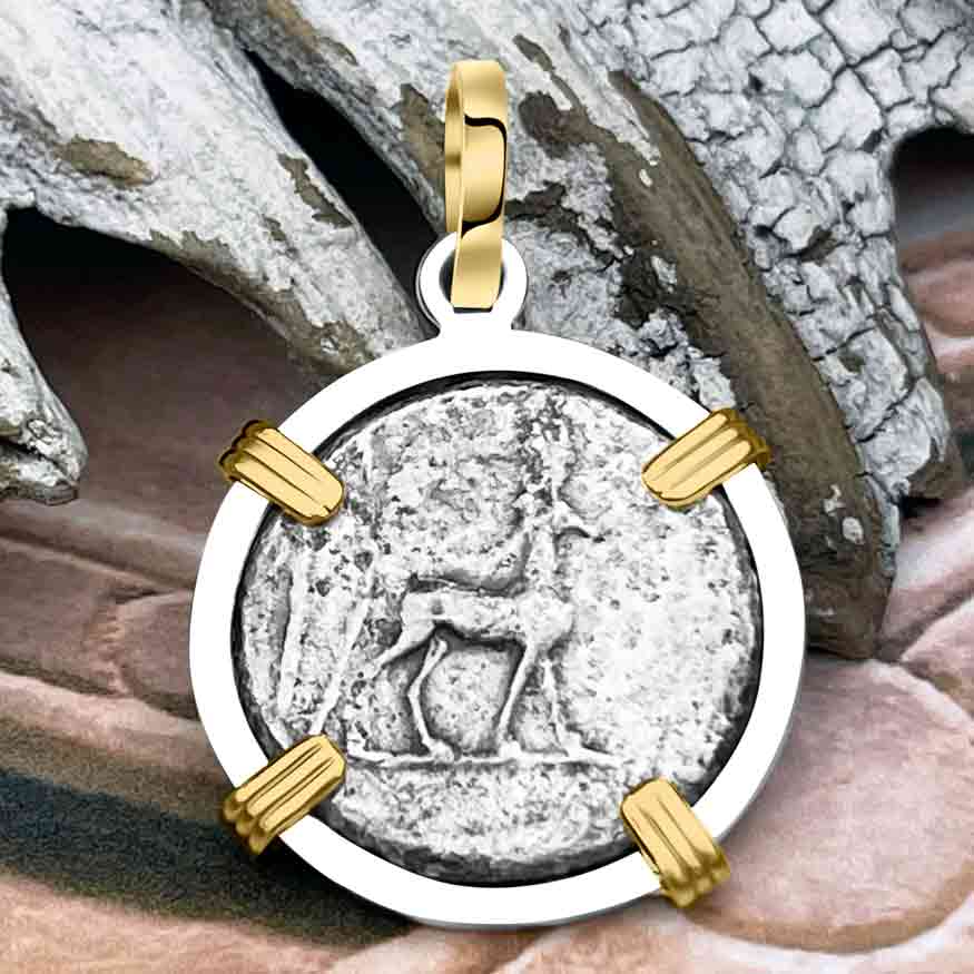 Roman Republic Silver Denarius 55 BC Diana and the Goat 14K Gold and Sterling Silver Pendant 