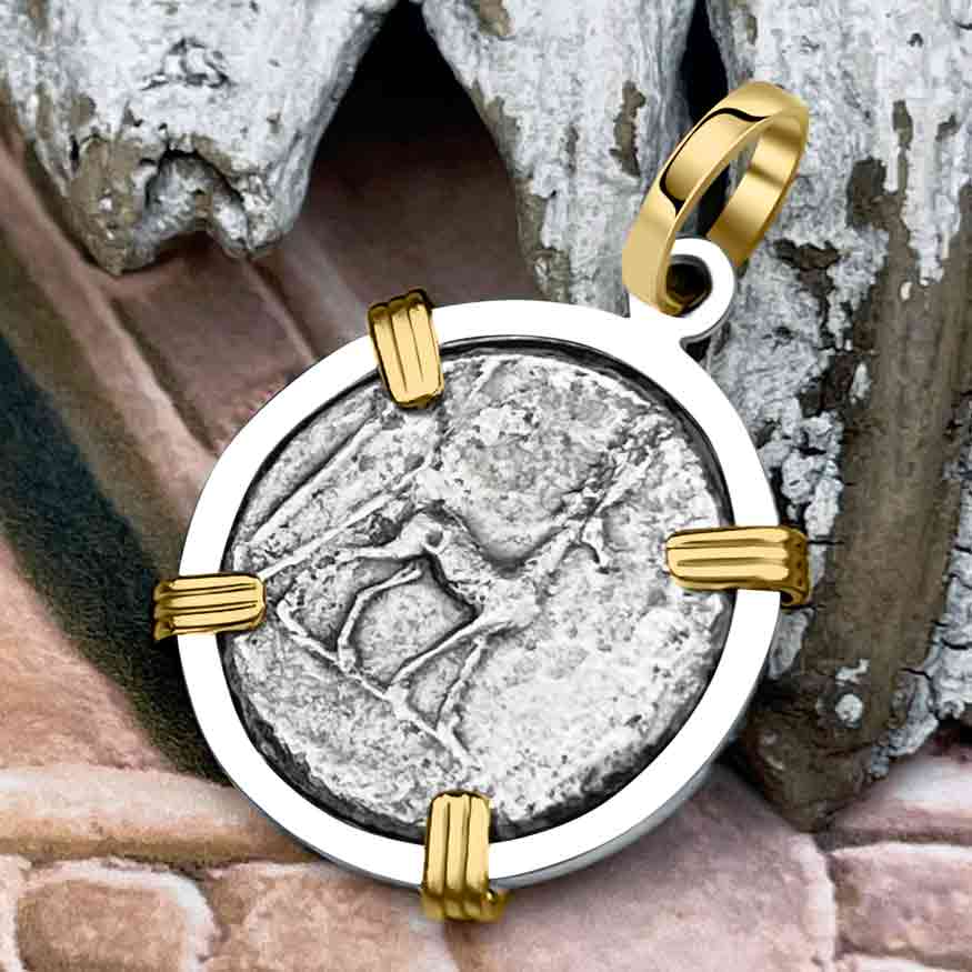 Roman Republic Silver Denarius 55 BC Diana and the Goat 14K Gold and Sterling Silver Pendant 