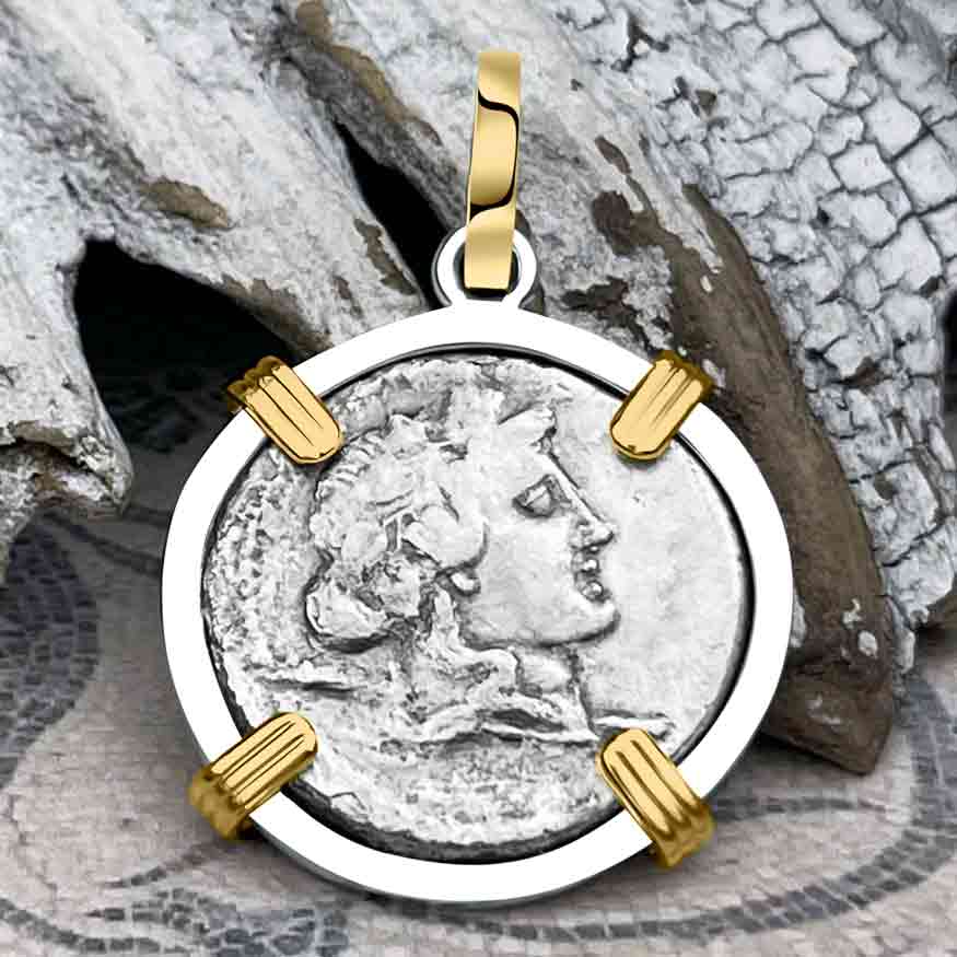 Roman Republic Silver Denarius 78 BC Liber and Libera 14K Gold and Sterling Silver Pendant