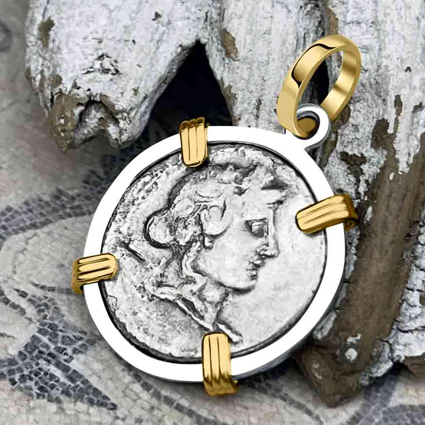 Roman Republic Silver Denarius 78 BC Liber and Libera 14K Gold and Sterling Silver Pendant