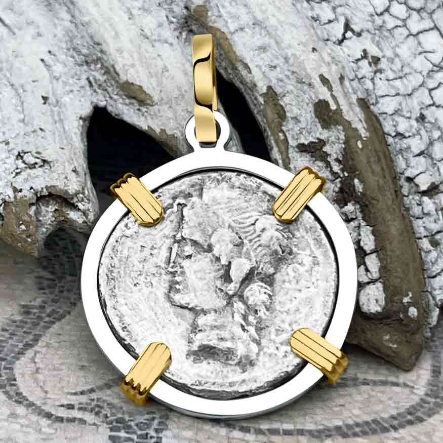 Roman Republic Silver Denarius 78 BC Liber and Libera 14K Gold and Sterling Silver Pendant