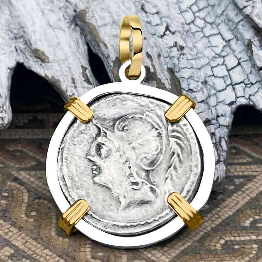 Roman Republic Silver Denarius 103 BC Mars and the Warriors 14K Gold and Sterling Silver Pendant