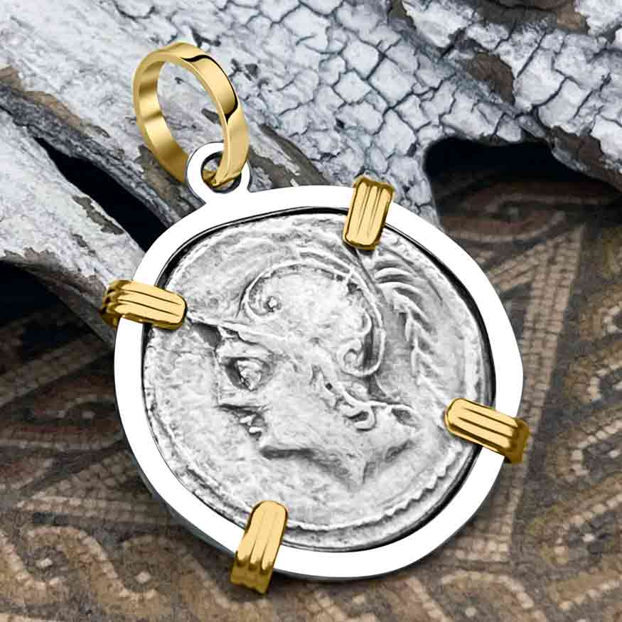 Roman Republic Silver Denarius 103 BC Mars and the Warriors 14K Gold and Sterling Silver Pendant