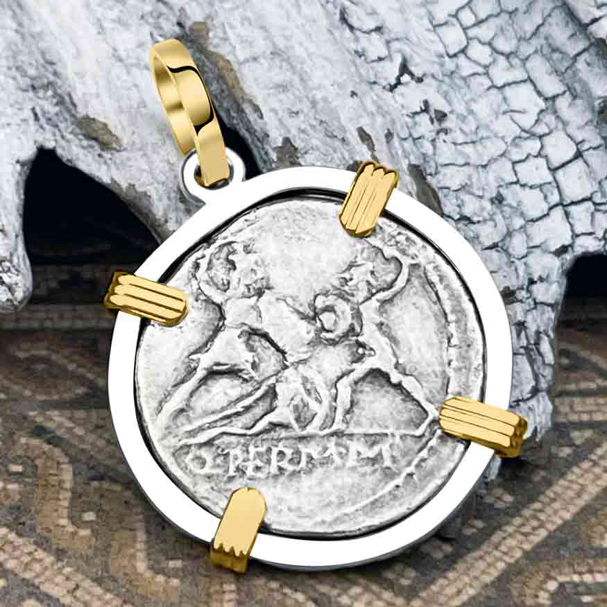 Roman Republic Silver Denarius 103 BC Mars and the Warriors 14K Gold and Sterling Silver Pendant