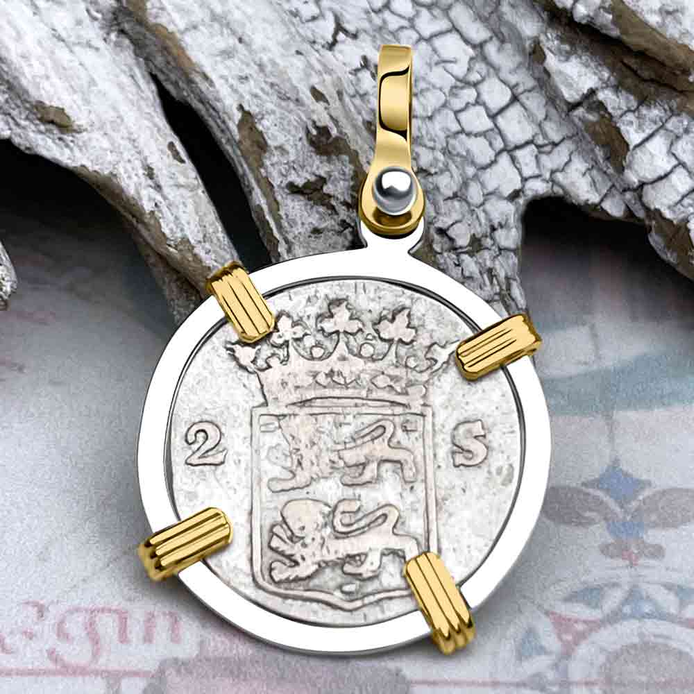 VOC - Dutch East India Company 1792 Silver 2 Stuiver Lion Coin 14K Gold and Sterling Silver Pendant