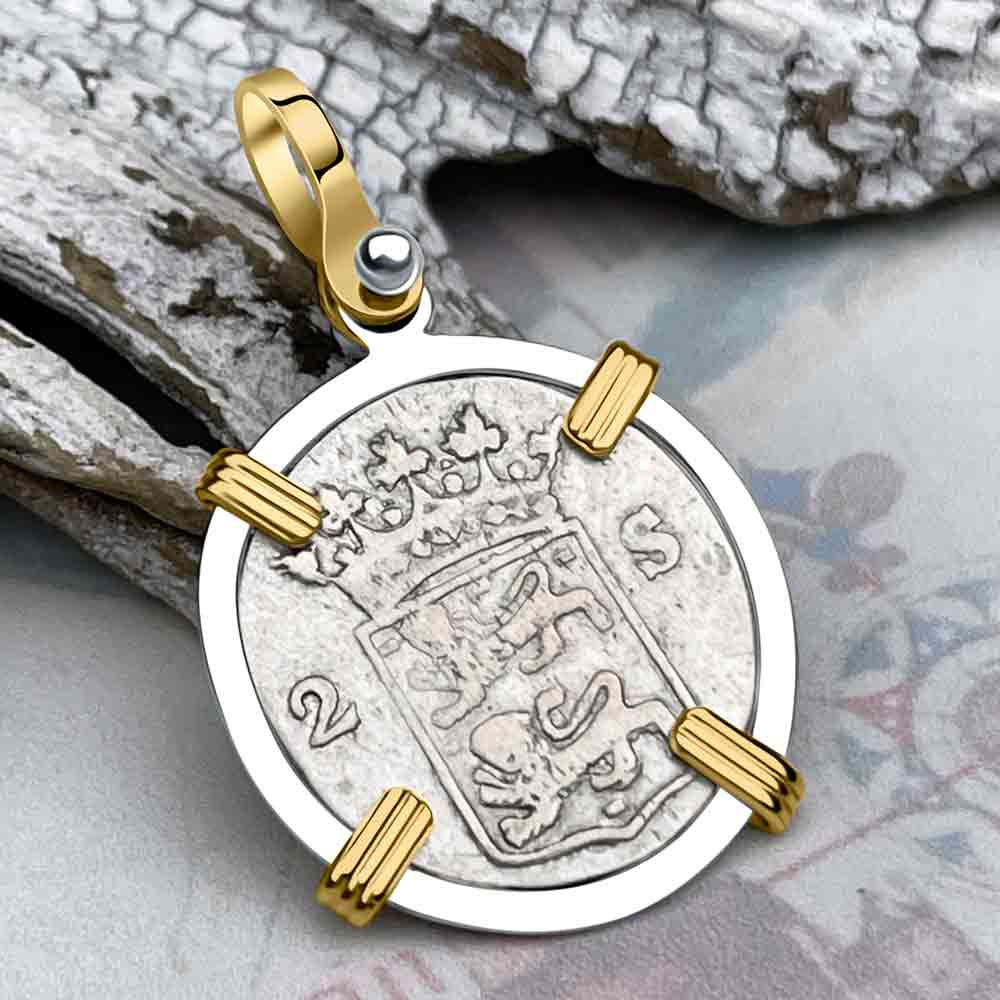 VOC - Dutch East India Company 1792 Silver 2 Stuiver Lion Coin 14K Gold and Sterling Silver Pendant