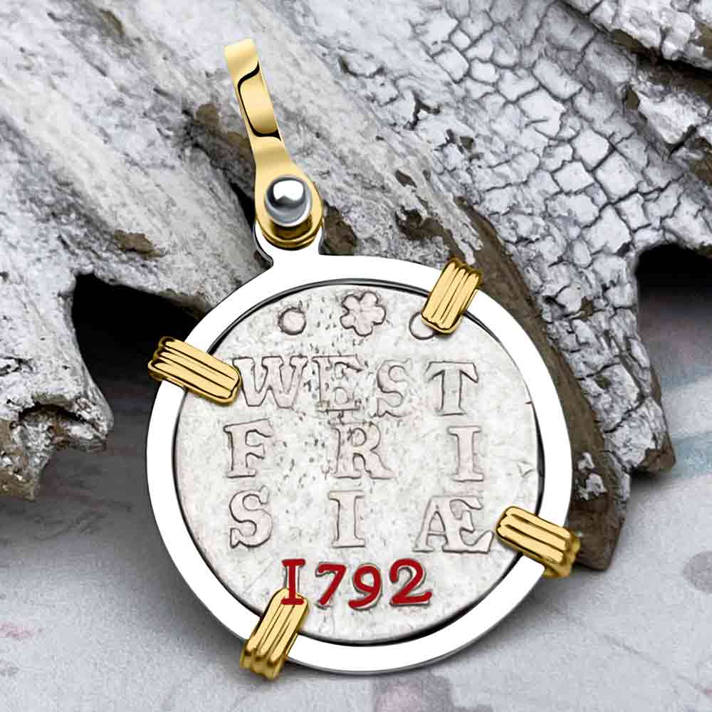 VOC - Dutch East India Company 1792 Silver 2 Stuiver Lion Coin 14K Gold and Sterling Silver Pendant