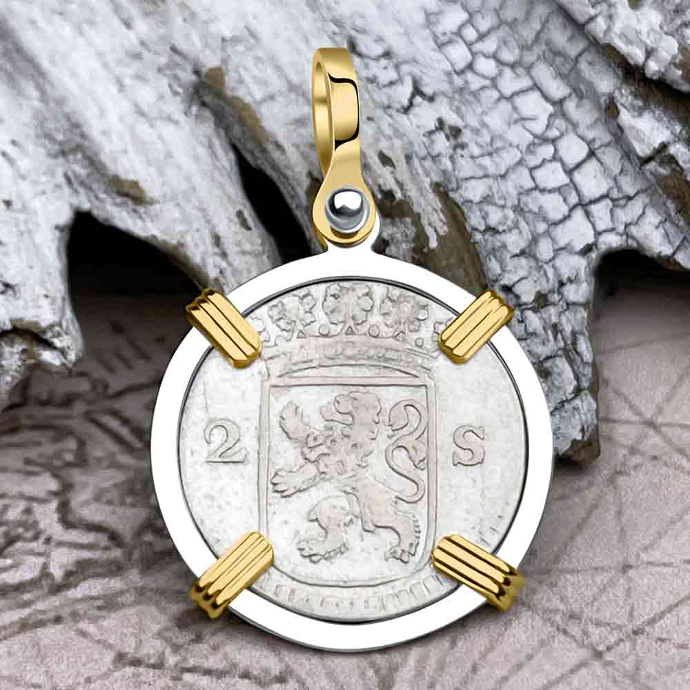 VOC - Dutch East India Company 1769 Silver 2 Stuiver Lion Coin 14K Gold and Sterling Silver Pendant