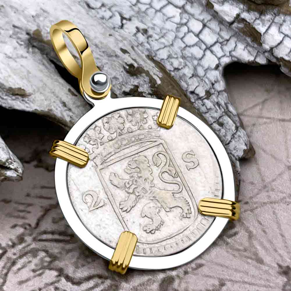 VOC - Dutch East India Company 1769 Silver 2 Stuiver Lion Coin 14K Gold and Sterling Silver Pendant